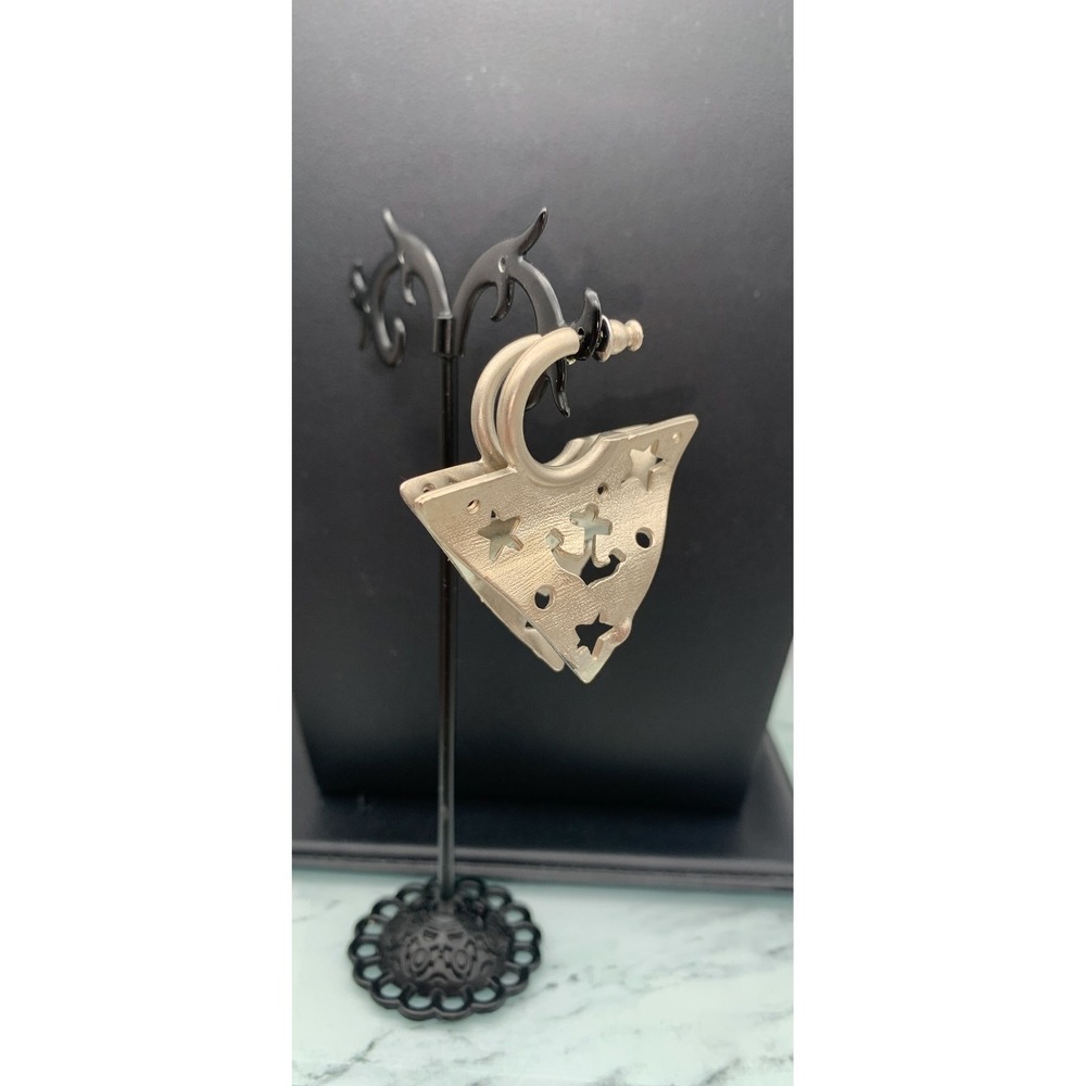 Unique wavy antiqued silver tone stars and boat anchor wavy Hoop drop earrings